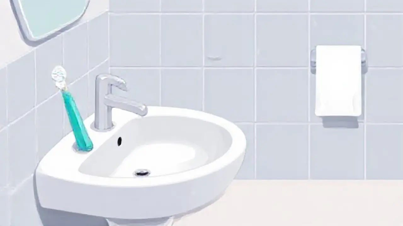 Un cepillo de dientes gris junto a un lavabo blanco