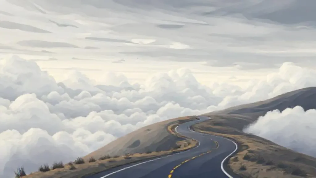 Nubes grises sobre un camino sinuoso