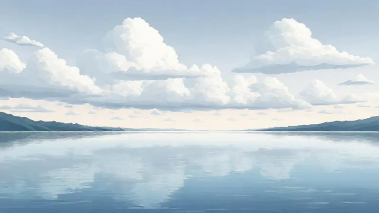 Nubes grises sobre un lago tranquilo