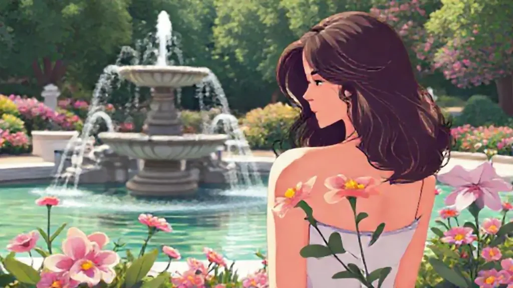 Mujer con flores junto a una fuente