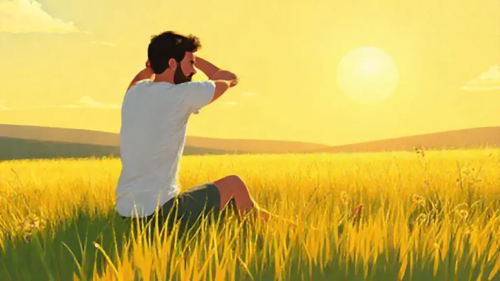 Hombre estirándose en un campo soleado