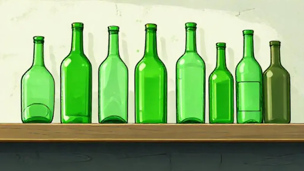 Botellas verdes en estantería polvorienta