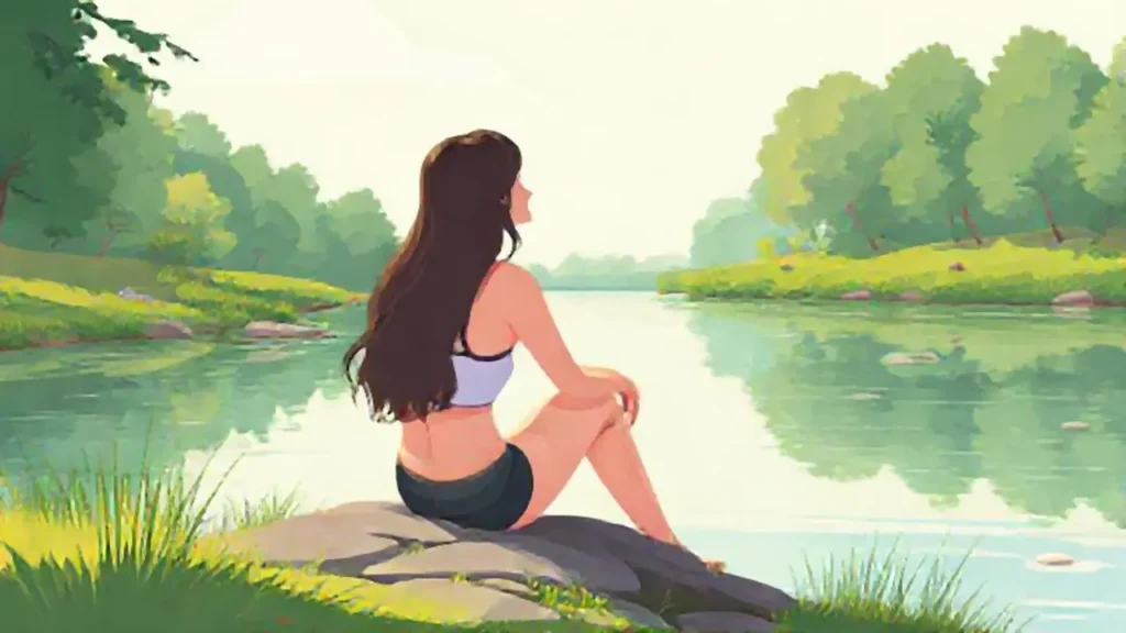 Mujer junto al río tranquilo