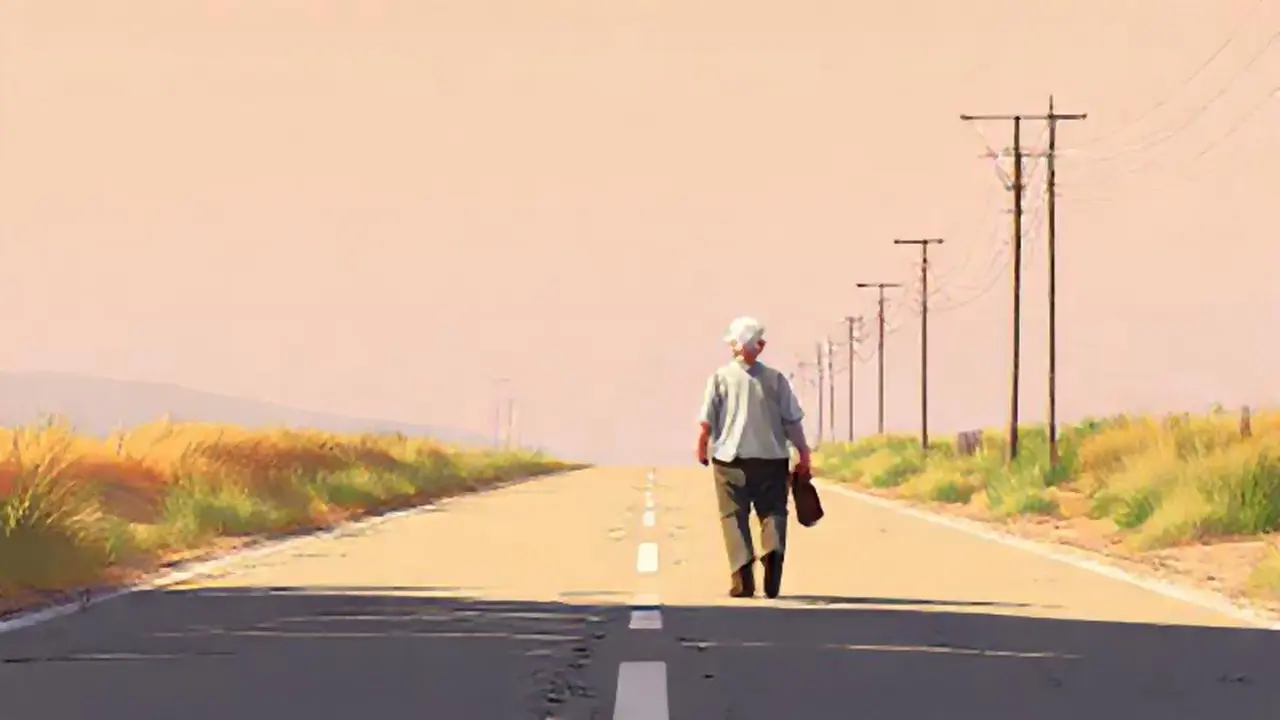 Un anciano camina por un camino vacío