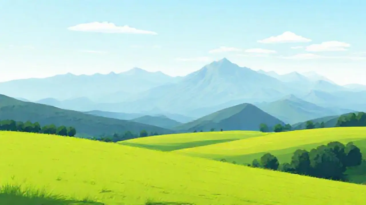 Campo verde, montañas lejanas