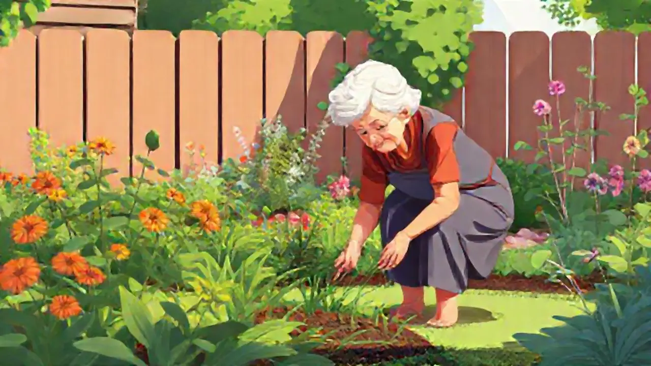 Mujer mayor cultiva jardín