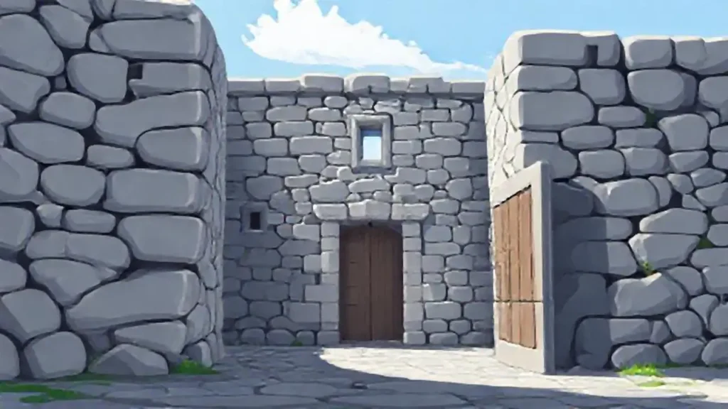 Edificio de piedra gris con puerta abierta