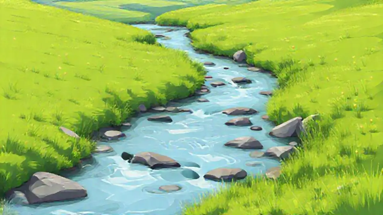 Prado verde y río fluyen