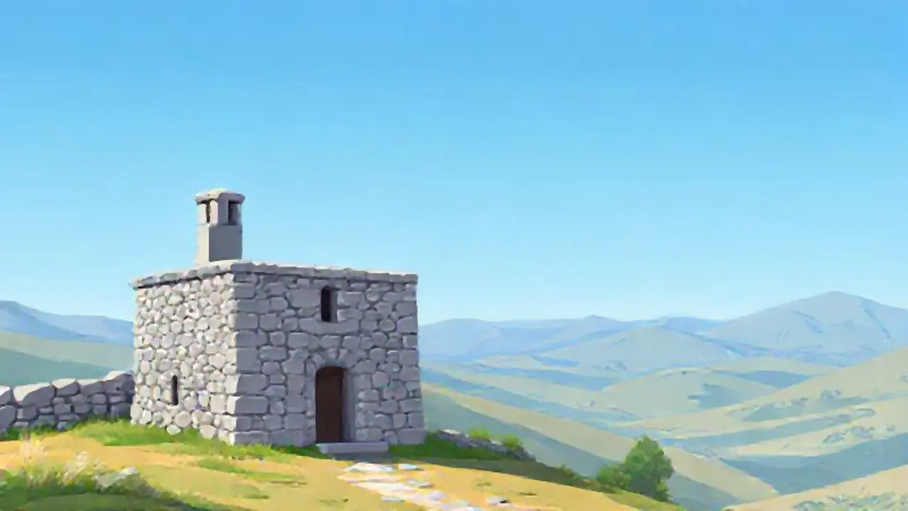 Edificio de piedra gris y montañas lejanas