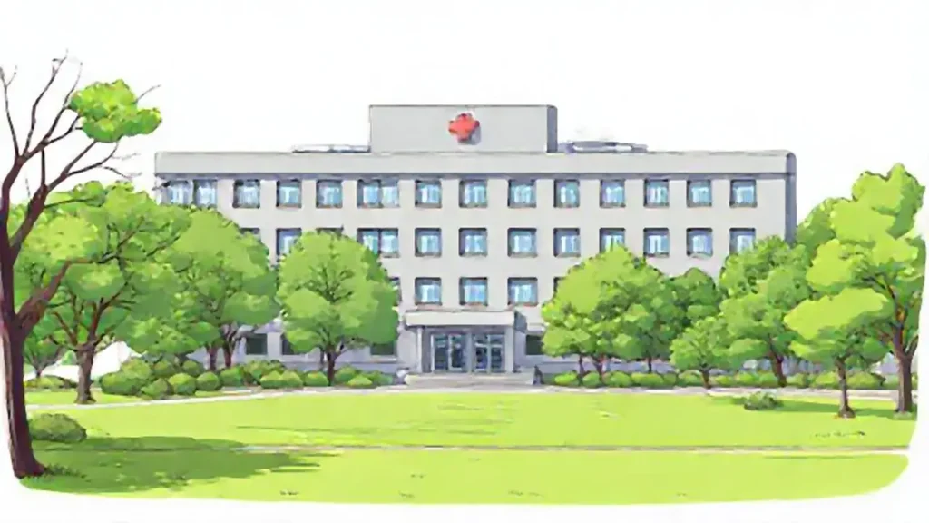Un hospital gris junto a un parque verde