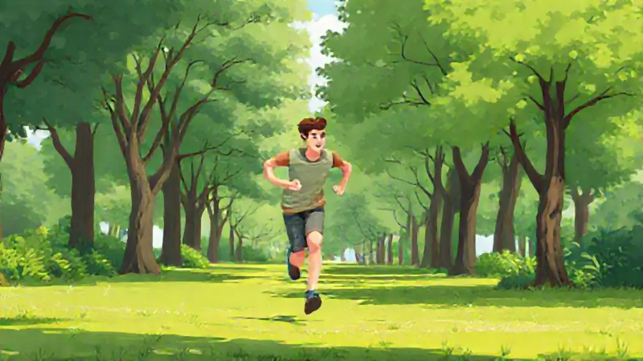 Un joven corre en un parque verde