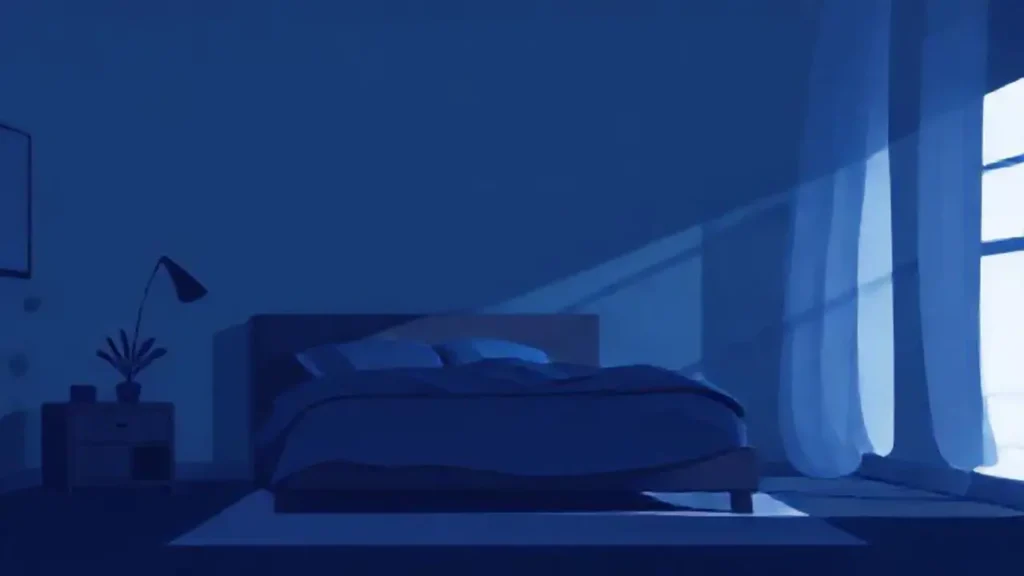 Dormitorio azul oscuro con luz suave