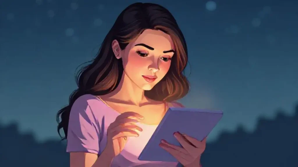 Mujer observa una tableta brillante