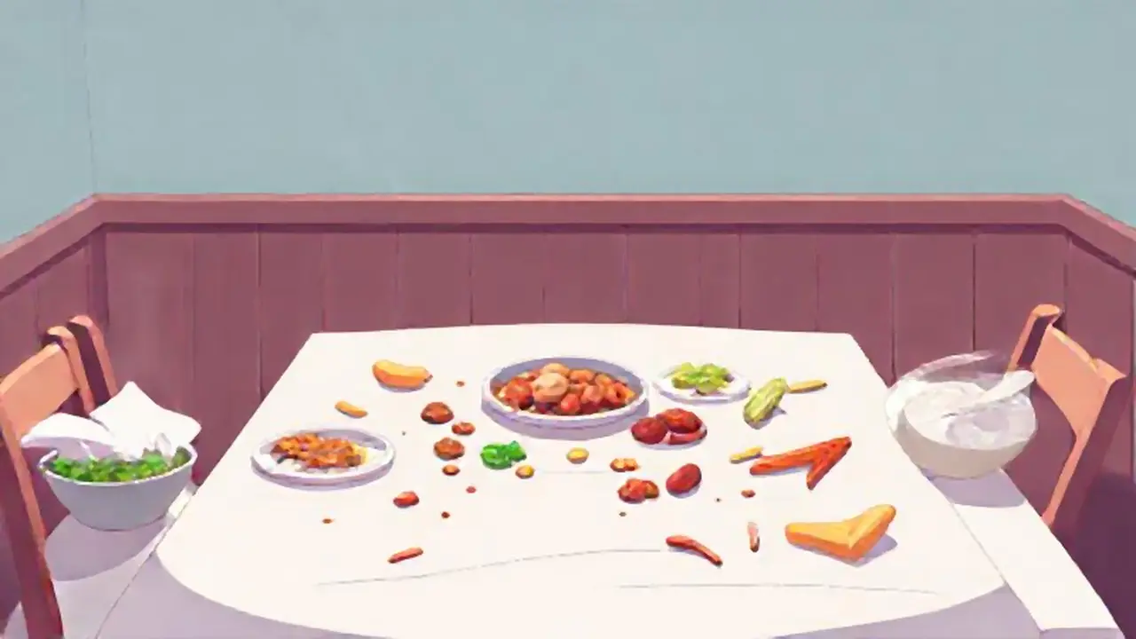 Mesa vacía, comida derramada