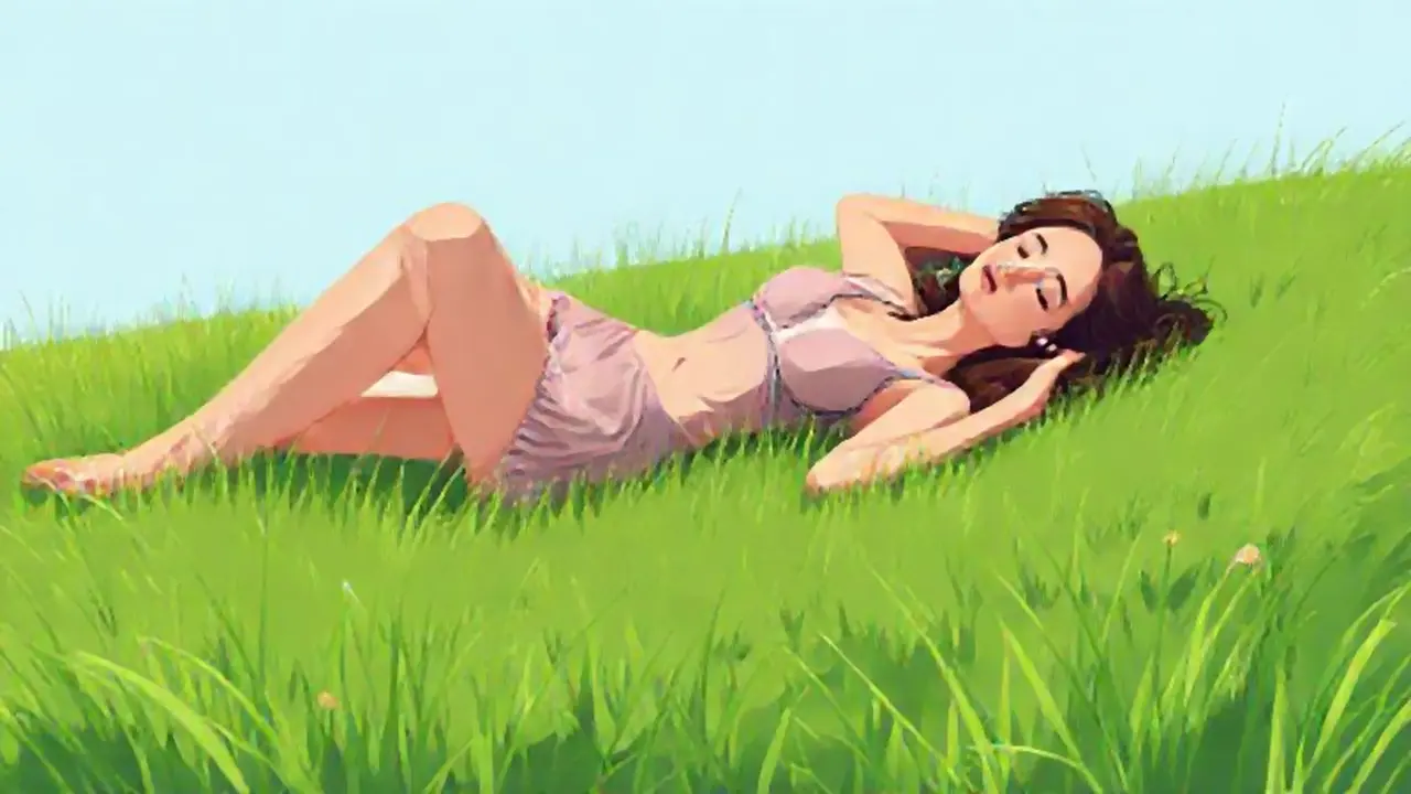 Mujer descansa en un prado verde