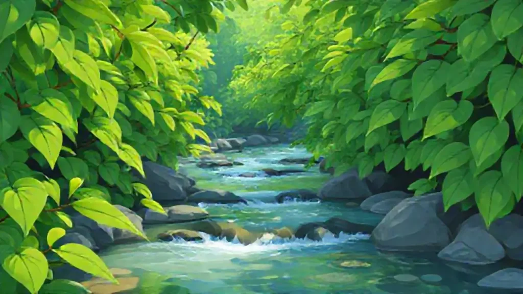 Hojas verdes y río fluyen