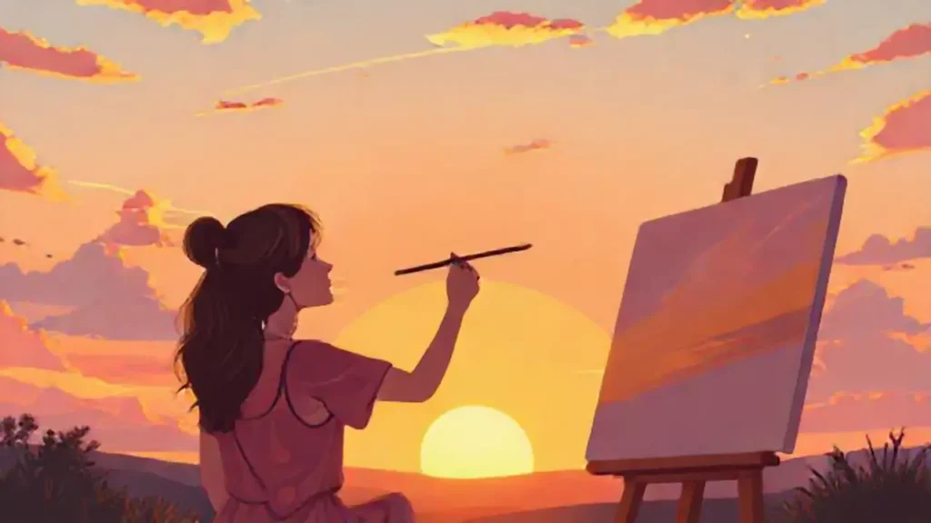 Mujer pinta el cielo al atardecer