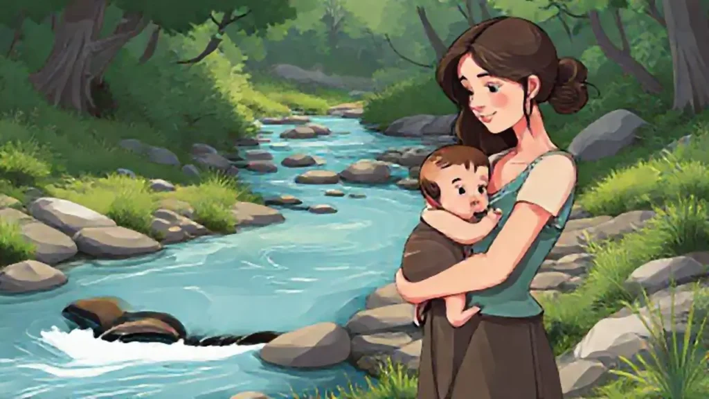 Mujer con bebé junto al río
