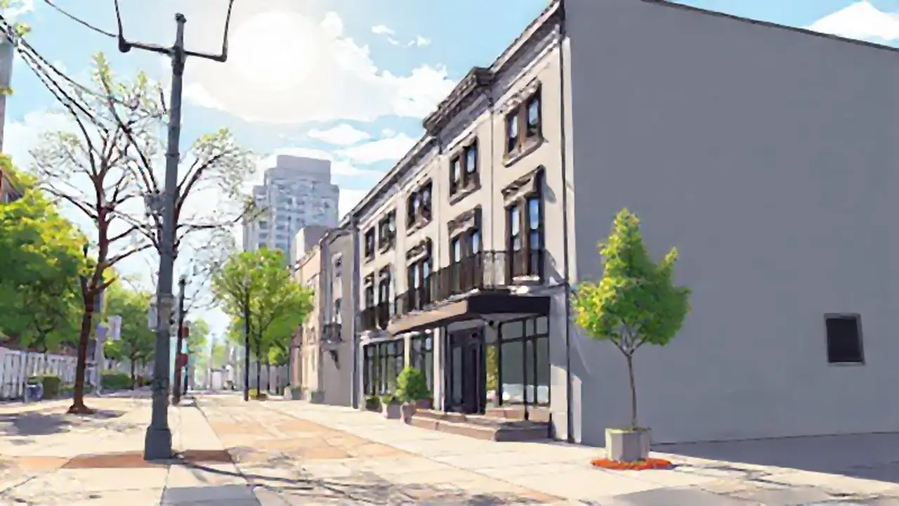 Edificio gris, acera soleada