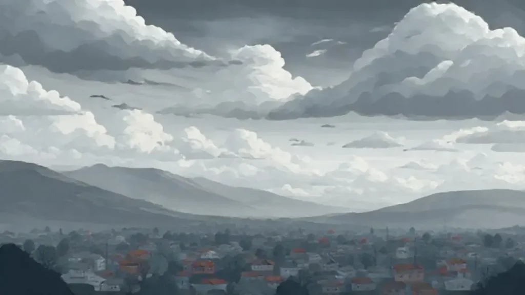 Nubes grises cubren la tranquila ciudad