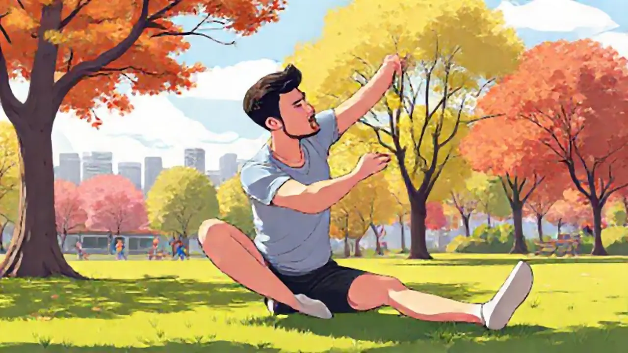 Hombre estirándose en el parque soleado