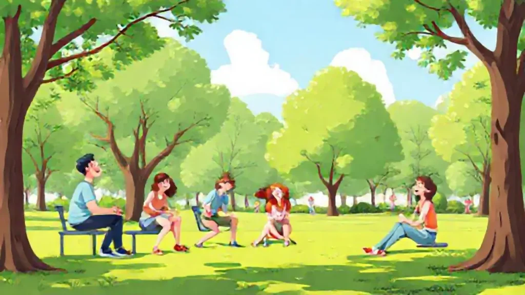 Parque verde y gente riendo