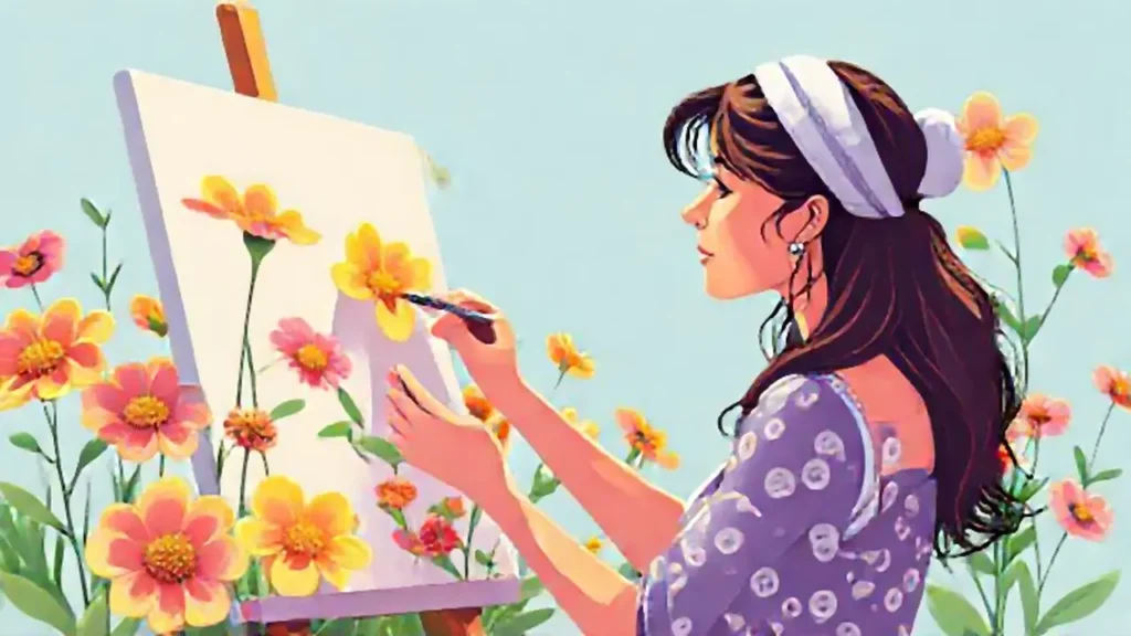 Mujer pinta flores brillantes