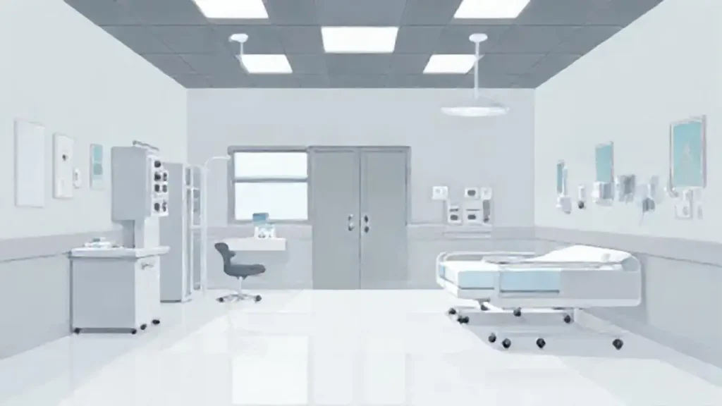 Habitación hospitalaria gris con luz tenue