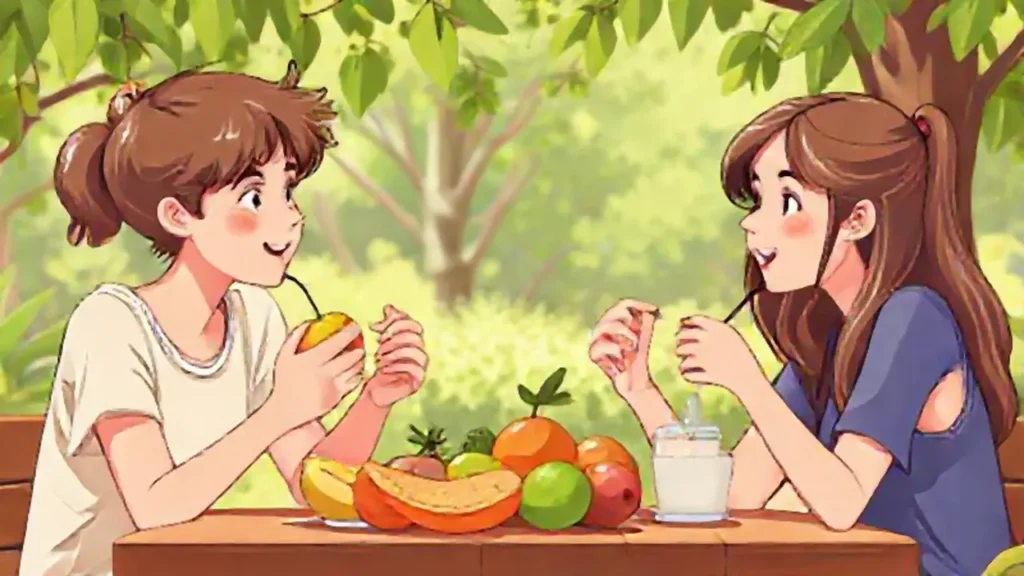 Jóvenes comiendo fruta al aire libre