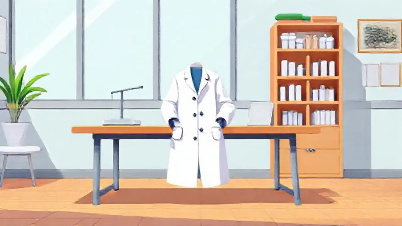 Un bata blanca sobre una mesa de madera
