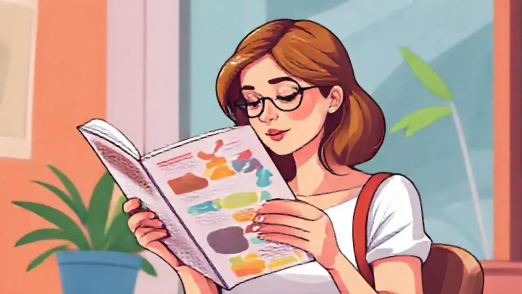 Mujer leyendo folleto colorido