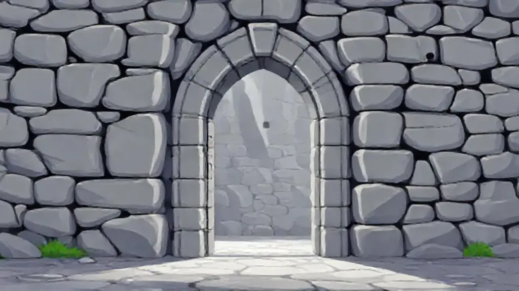 Edificio de piedra gris con puerta abierta