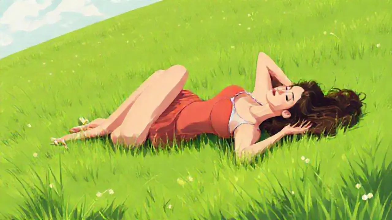 Mujer descansando en un prado verde