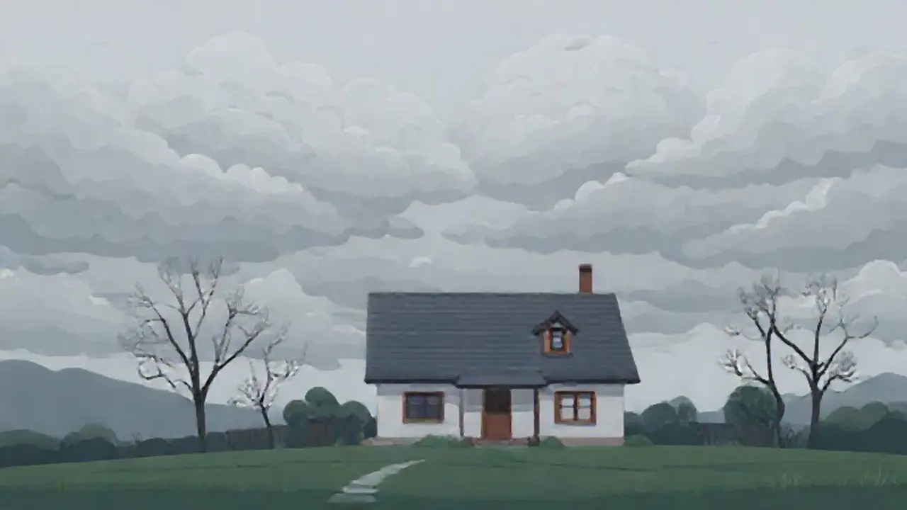Nubes grises sobre una casa tranquila