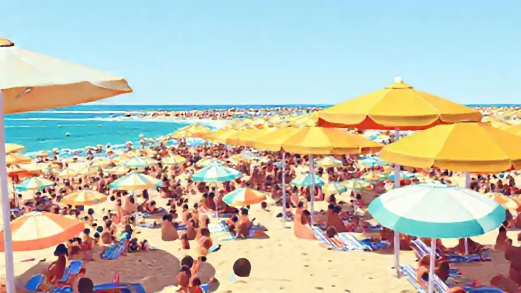 Playa con toldos y gente
