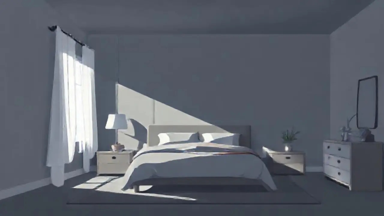 Dormitorio gris, luz tenue