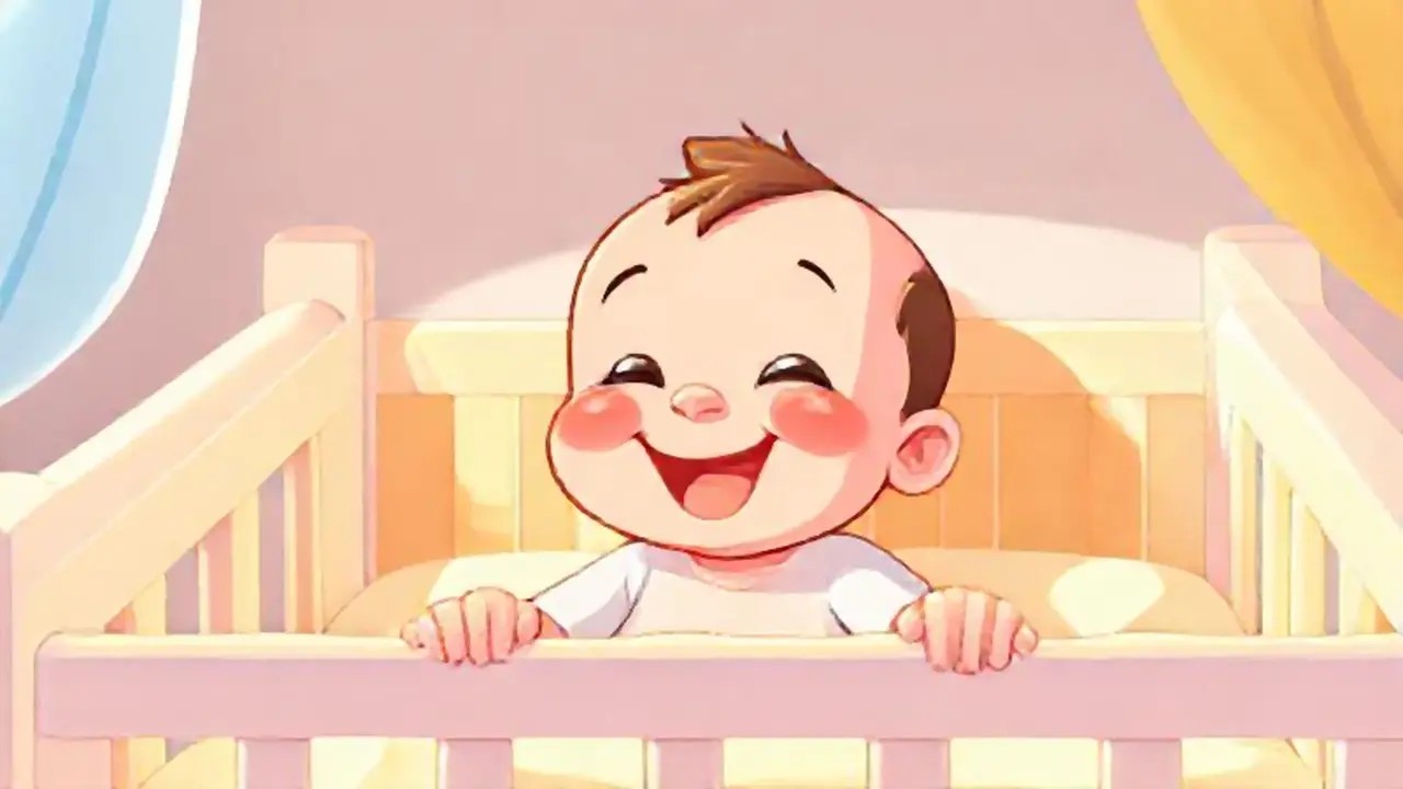 Bebé sonriente en cuna colorida