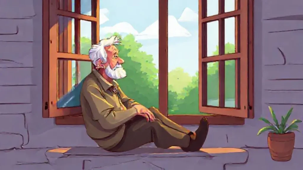 Un anciano se sienta junto a la ventana