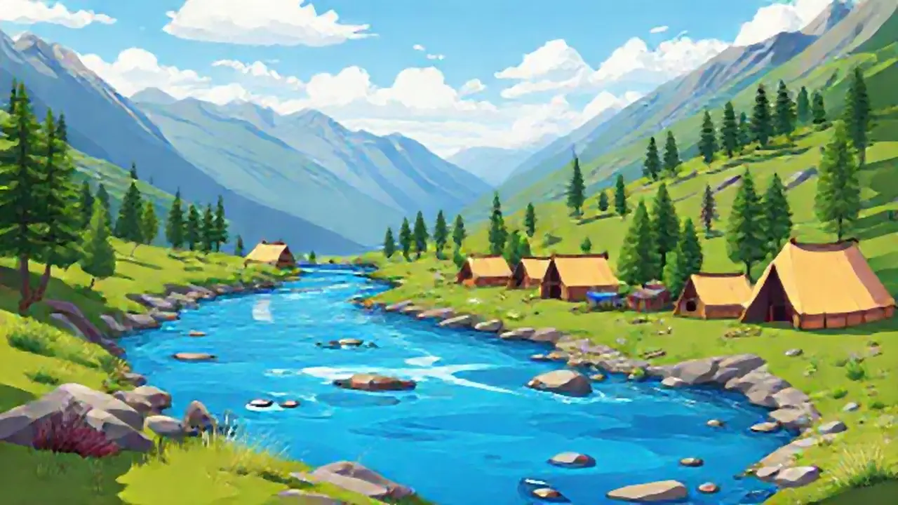 Villa de tiendas junto al río azul