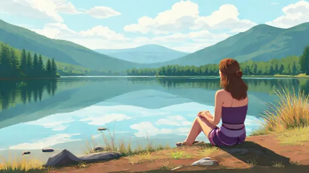 Mujer junto al lago tranquilo