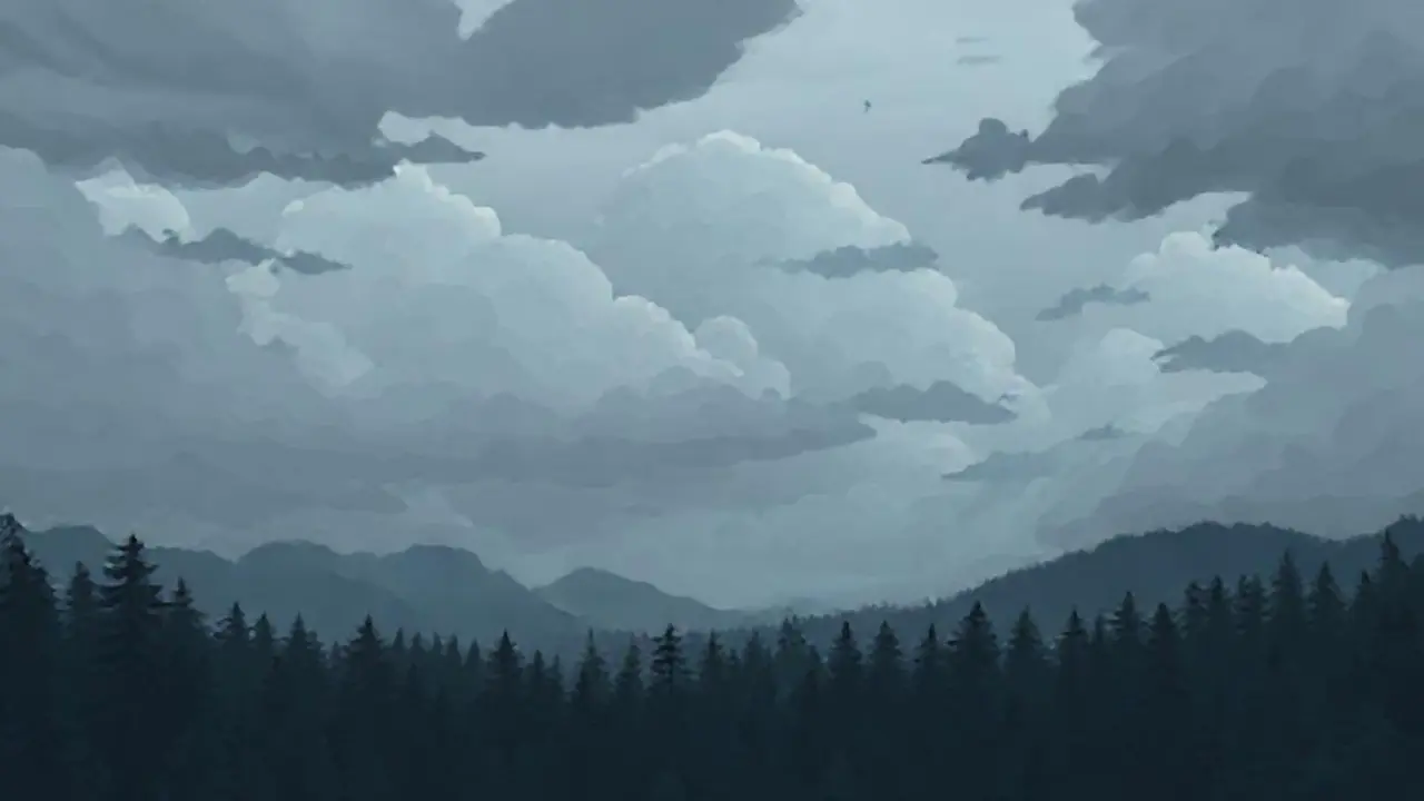 Nubes grises sobre bosque oscuro