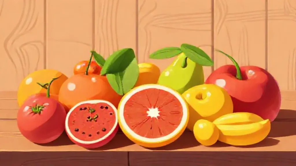 Frutas brillantes sobre madera