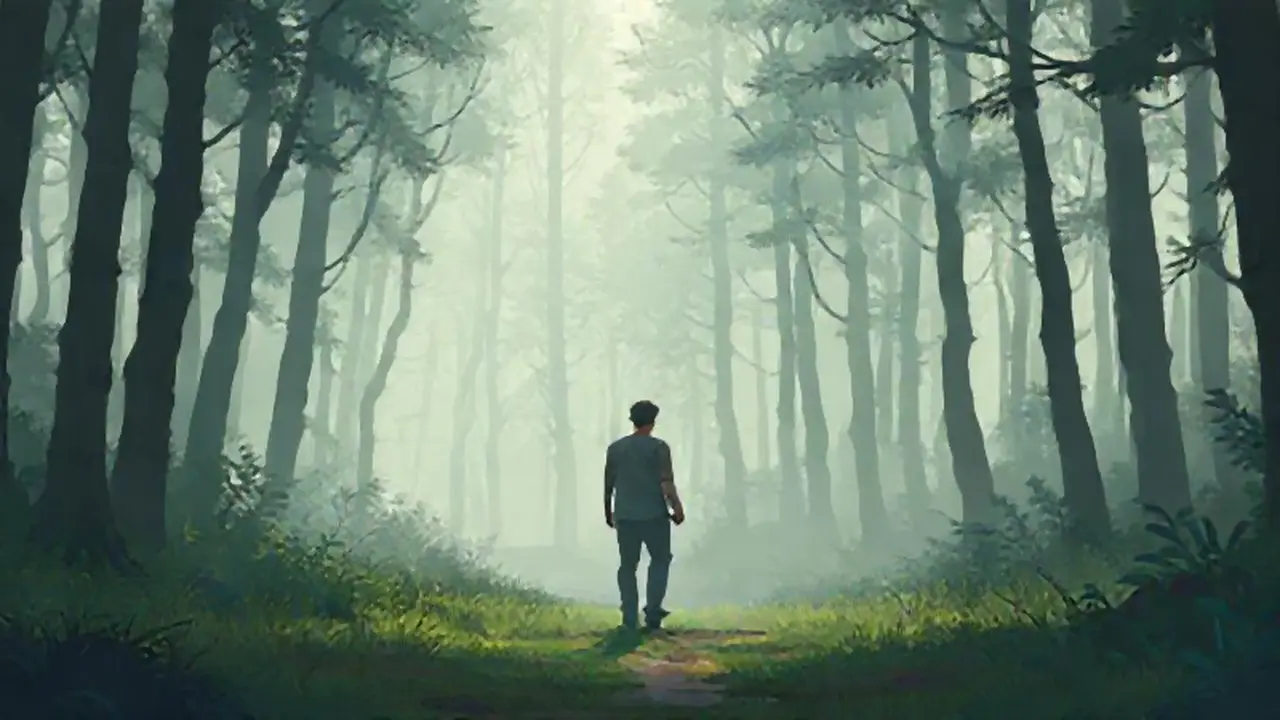Hombre en bosque neblinoso