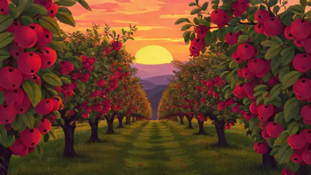 Atardecer en un huerto de fruta madura