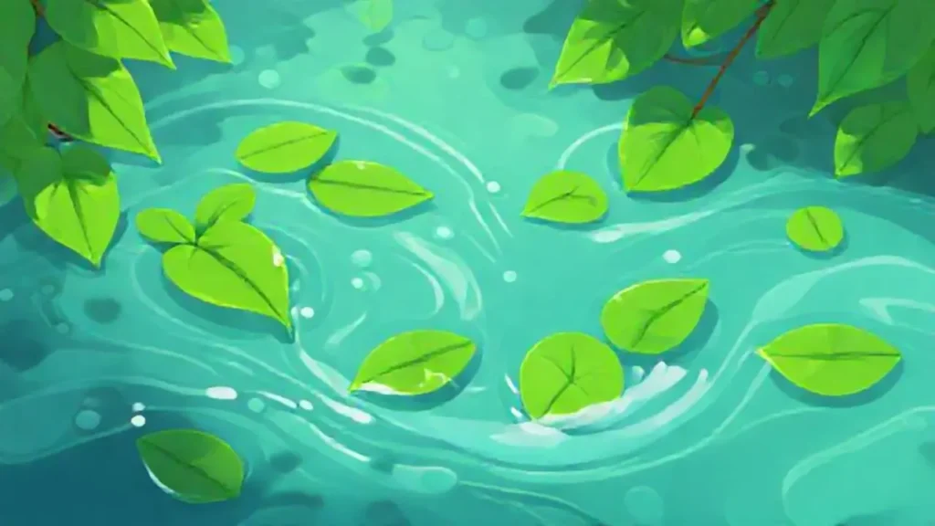 Hojas verdes y agua fluyen