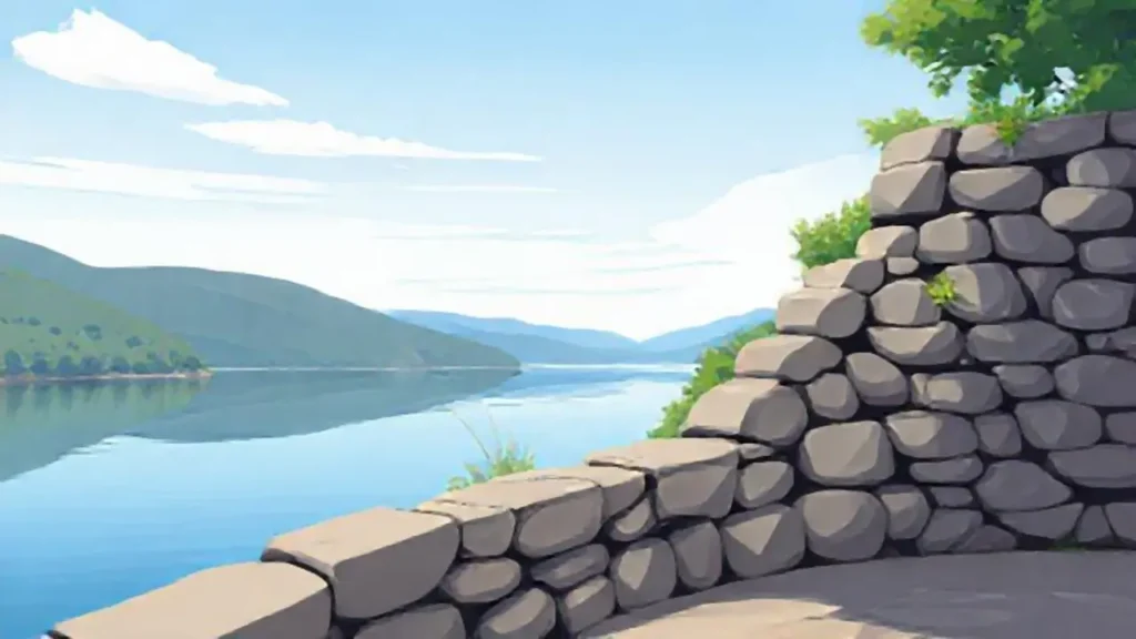 Muro de piedra frente a un lago tranquilo