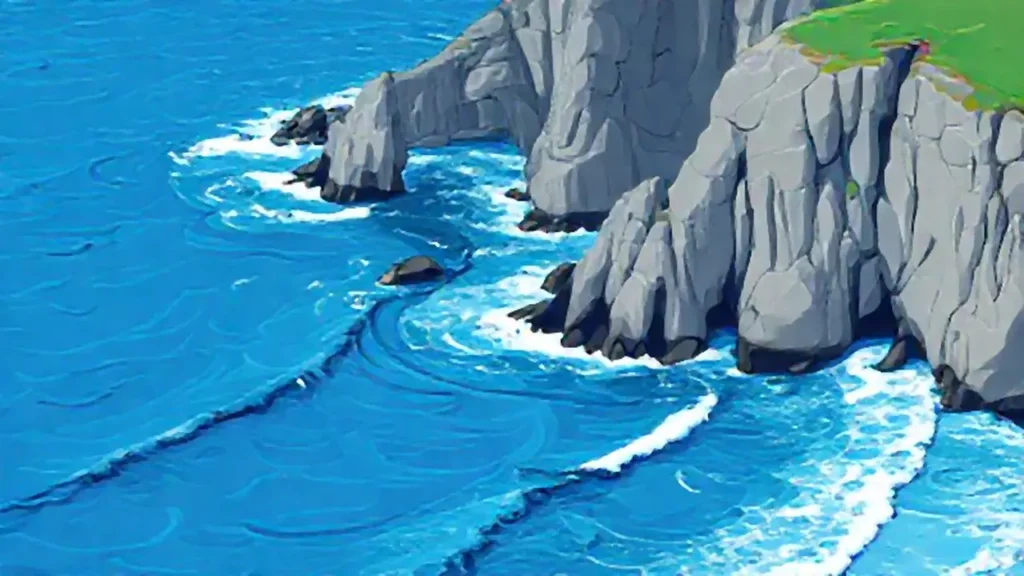 Olas azules chocan con acantilados grises