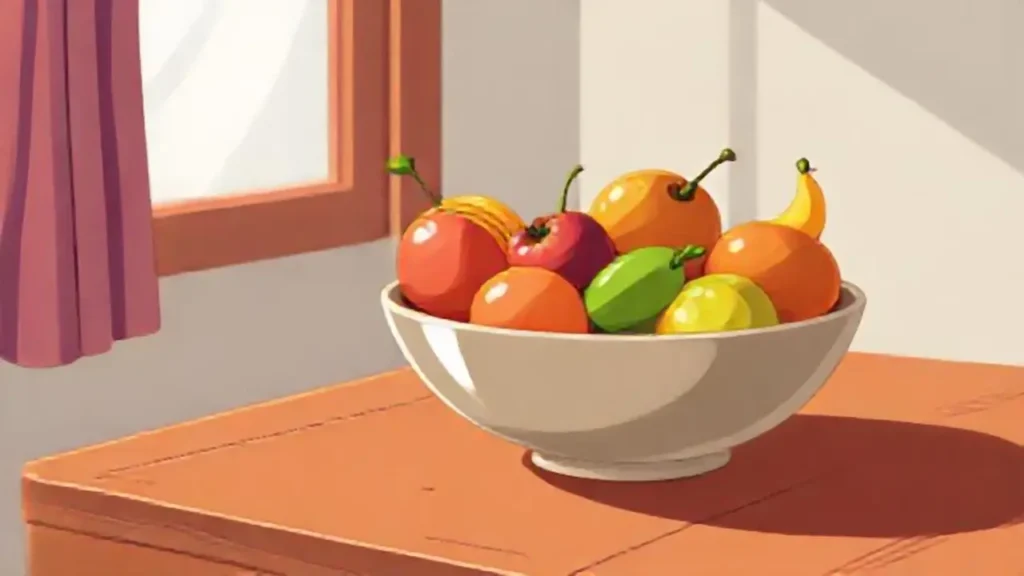 Fruta en un cuenco sobre madera