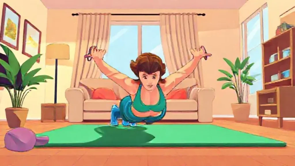Mujer hace flexiones en el salón