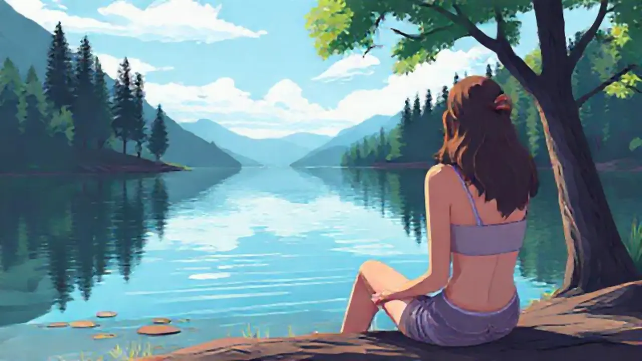 Mujer junto al lago tranquilo